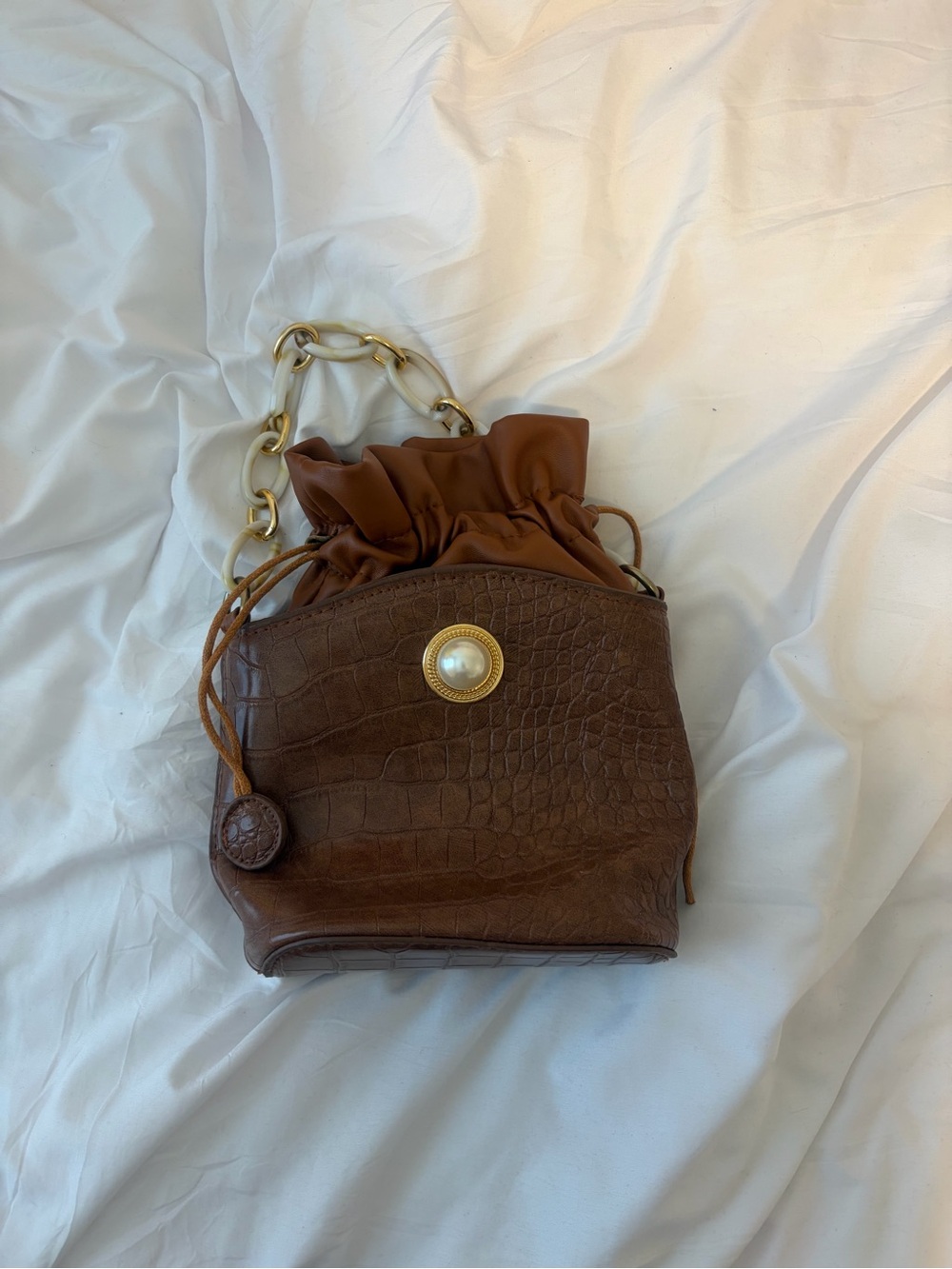 Brown Croc-Embossed Drawstring Bucket Bag with Pearl Accent